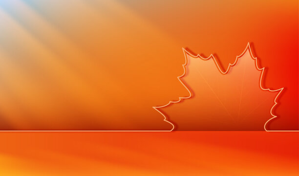 Autumn studio in orange and red tones with a maple leaf and sunbeams with shadows. A podium for showcasing your product. Vector 3D illustration.