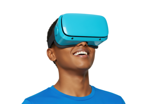 Isolated happy boy with virtual reality headset for gaming or Metaverse technology use