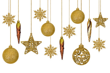 Christmas decorations in the form of a golden icicles, star, and ball isolated on a transparent background with clipping path. Design element for Christmas card