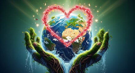 Two caring hands gently holding the earth planet surrounded by a glowing red heart symbol emanating light
