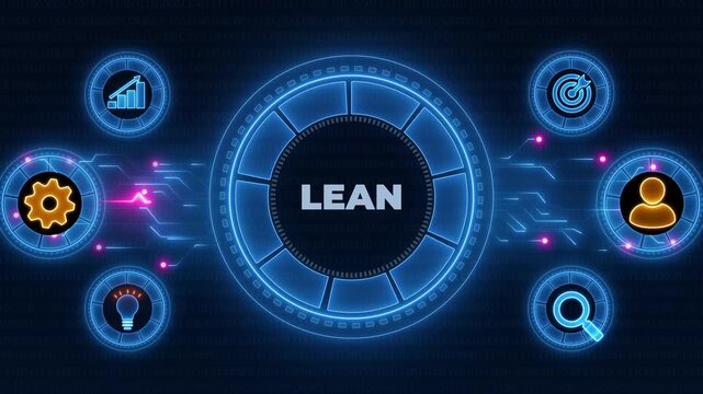 Lean, Six sigma, quality control and manufacturing process management concept. Neon line Animated circuit board. Digital technology background.