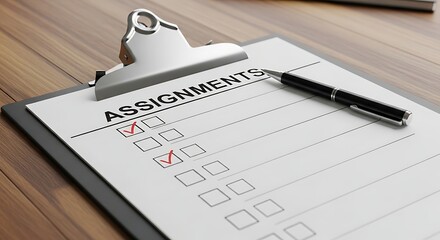Close up of a clipboard with a checklist for assignments and a pen ready to mark tasks on a wooden desk surface