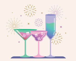 vector illustration of cocktail party invitation, Cheers and celebration with sparkling glasses of champagne or wine, Cocktail party and fireworks.