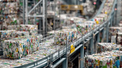 Fototapeta premium Stacks of compressed paper and cardboard move along conveyor belts in a recycling facility, highlighting the sorting and processing of waste materials.