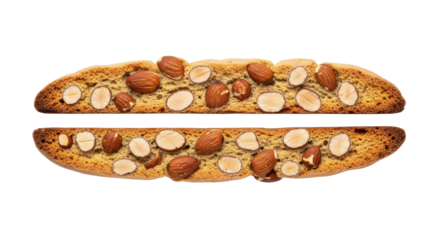Two halves of crispy almond biscotti cookie isolated on white background for bakery products