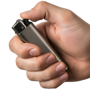 Hand holding and operating a metallic silver cigarette lighter isolated on white background