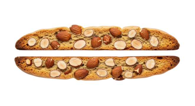 Two halves of crispy almond biscotti cookie isolated on white background for bakery products
