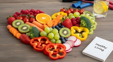 Heart shaped arrangement of fresh colorful fruits and vegetables on a wooden table symbolizing healthy eating and lifestyle choices