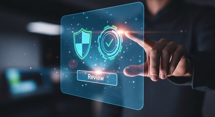 Hand interacting with a futuristic digital interface displaying security and verification icons, signifying data protection.