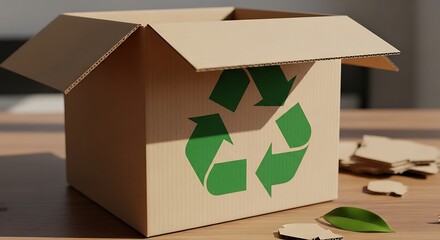 Eco friendly cardboard box with green recycling symbol printed on side and open top for sustainable packaging and shipping solutions