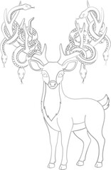 Vector art of a deer with snakes for antlers, presenting a surreal and mythical creature in a detailed line drawing silhouette