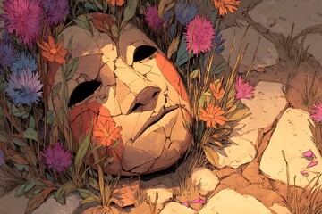 Cracked Mask Surrounded by Colorful Flowers Art Illustration