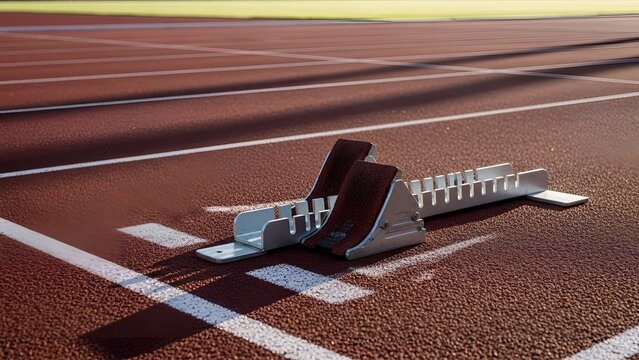 Starting Blocks on Red Track in Outdoor Stadium