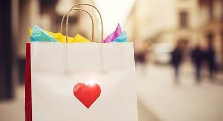 White paper shopping bag with red heart emblem and colorful tissue paper peeking out on a blurred city street background