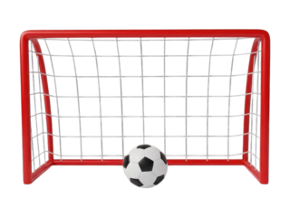 Red football goal with netting and a black & white soccer ball at base