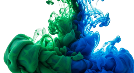 Abstract green and blue ink cloud swirling isolated on transparent background