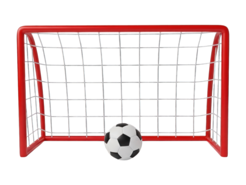 Red football goal with netting and a black & white soccer ball at base