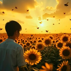 The man in the sunflower field towards the sun