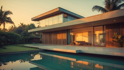 Fototapeta premium Luxury Modern Villa with Infinity Pool at Sunset. Exterior View of Upscale Home with Tropical Garden and Water Reflection.