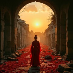 The lone traveler behind the arched door facing the sun