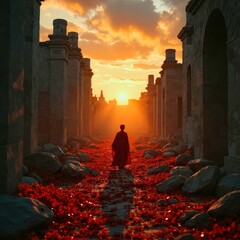 A lone traveler in the ruins under the sunset