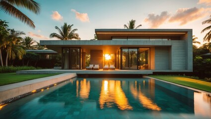 Luxury Modern Villa with Pool at Sunset: Tropical Architecture, Palm Trees, Water Reflection, Outdoor Living, Vacation Home, Paradise