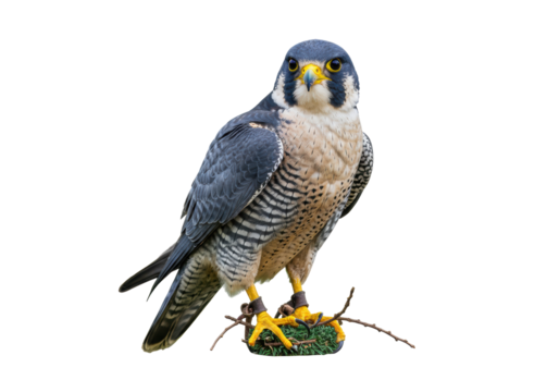 Isolated Peregrine Falcon stands alert, looking toward viewer ready to fly, natural look