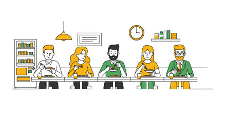 Lunch break with colleagues sharing a meal together at the canteen, fostering teamwork and camaraderie, perfect for corporate communications and healthy workplace campaigns