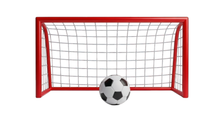 Soccer ball in front of a red soccer goal