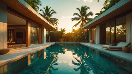 Obraz premium Luxury Villa with Infinity Pool and Tropical View at Sunset, Modern Architecture, Vacation Home, Serene Water Reflection, Palm Trees