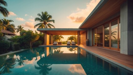 Fototapeta premium Luxury Villa with Infinity Pool and Tropical Landscape at Sunset, Modern Architecture, Vacation Home, Serene Water Reflection, Deck