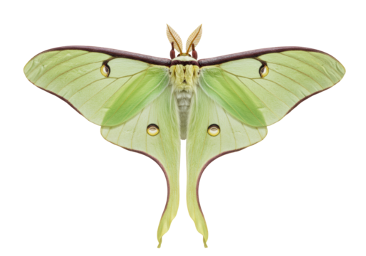 Isolated Luna moth with light green wings and long tails, insect, entomology illustration