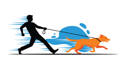 Dynamic illustration of a man running with his energetic dog, perfect for pet-related advertising and active lifestyle campaigns, full of speed and motion