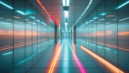 Neon Lit Futuristic Corridor with Vibrant Colors, Modern Architecture, Reflective Floor, Abstract Perspective, Long and Narrow Space