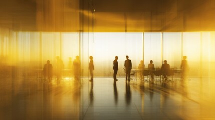 A diverse group of modern professionals collaborating in a bright and minimalistic room. They are standing and discussing business ideas.