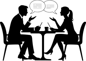 Man and a woman at a table negotiating silhouette vector illustration