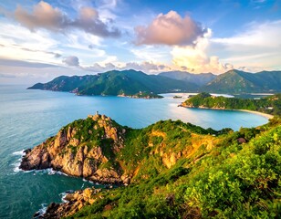 Coastal vista of rocky hills, lush greenery, and tranquil bay at sunrise