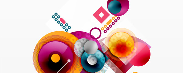 Abstract colorful shapes overlap. Circles, squares, dots create dynamic composition. Bright hues dominate design. Modern graphic element.