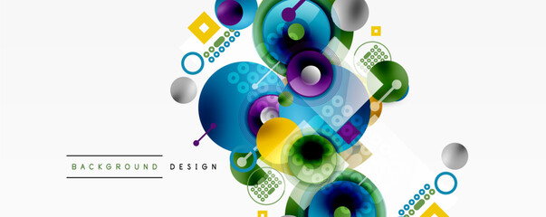 Obraz premium Abstract colorful design features circles, squares, dots. Modern background with vibrant shapes, gradients, dynamic composition.