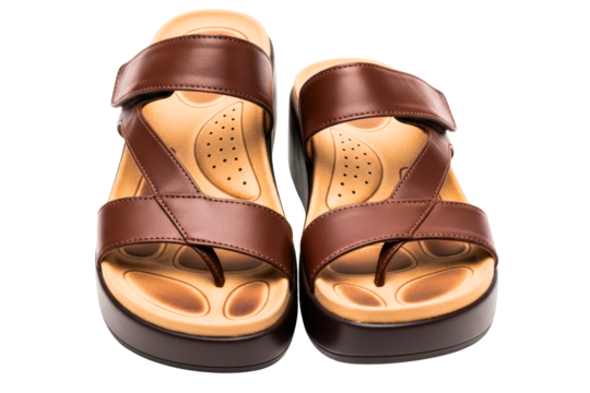 Pair of brown comfortable orthopedic sandals with supportive soles isolated on transparent background