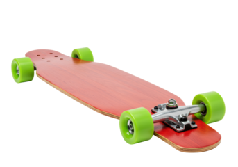 Isolated longboard skateboard with lime green wheels for transportation and recreation