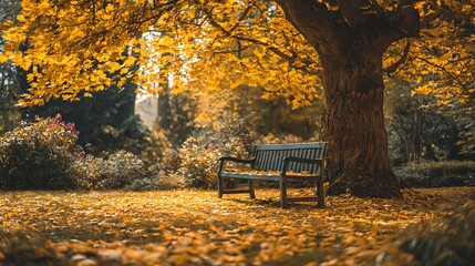 Empty wooden park bench in the autumn sunlight under a tree