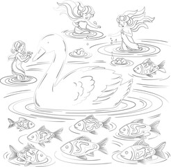 Obraz premium Vector art of swan surrounded by mermaids and fish in water, , a serene scene of fantasy and nature, perfect for fairytale illustrations silhouette