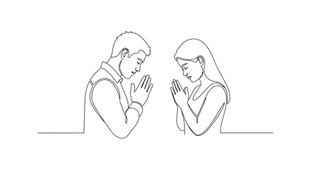 Continuous Line Drawing of Couple Praying Expressing Hope and Faith Together