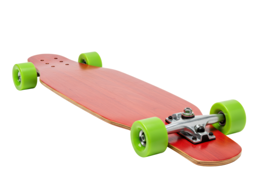Isolated longboard skateboard with lime green wheels for transportation and recreation