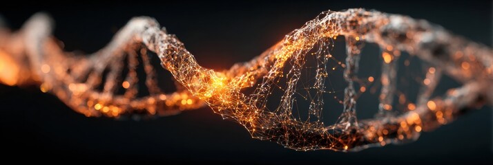 A vivid representation of a DNA double helix showcases illuminated strands in orange and gold.
