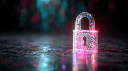 Futuristic digital lock with glowing edges on reflective surface, representing cybersecurity and data protection in a vibrant environment