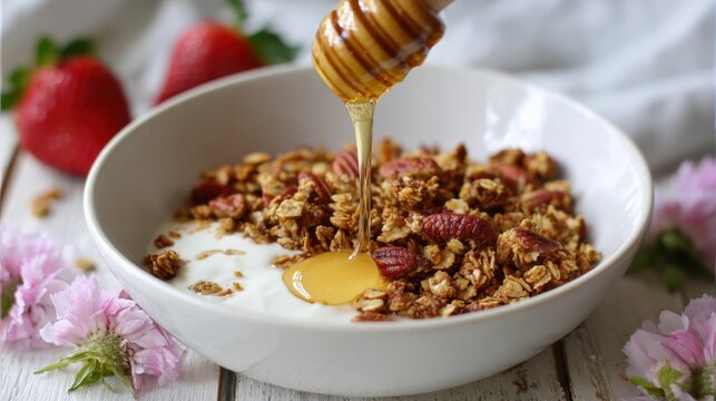 A bowl of granola with a spoonful of honey drizzled on top. The bowl is placed on a table with a vase of flowers in the background. Concept of warmth and comfort, as the honey