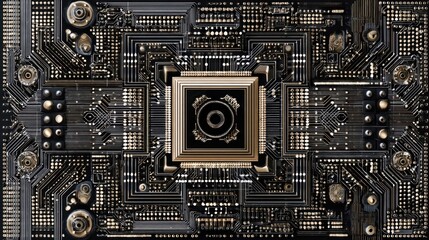 Fototapeta premium Abstract close-up of a complex circuit board with intricate patterns and golden elements reflecting technology and innovation