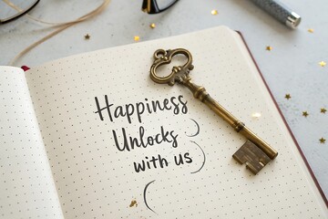 Golden Key Resting on a Notebook with Motivational Text